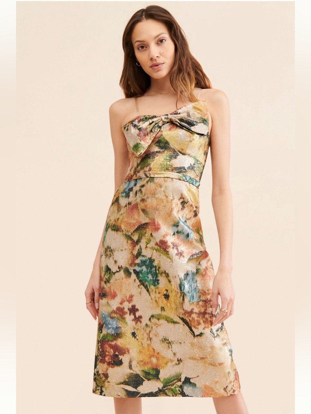 Rana Gill Gorgeous Floral Metallic Bow-Front Midi Dress - Gold Multi